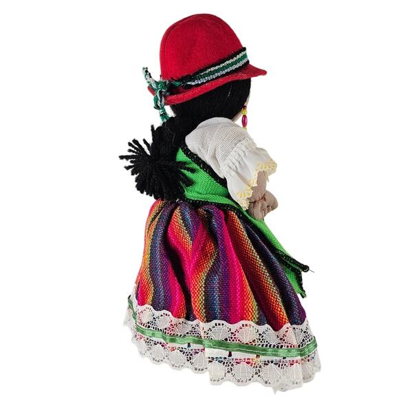 Handmade Bolivian Cloth Doll 9" Traditional Dress Red Hat Colorful Skirt & Beads - Picture 16 of 16